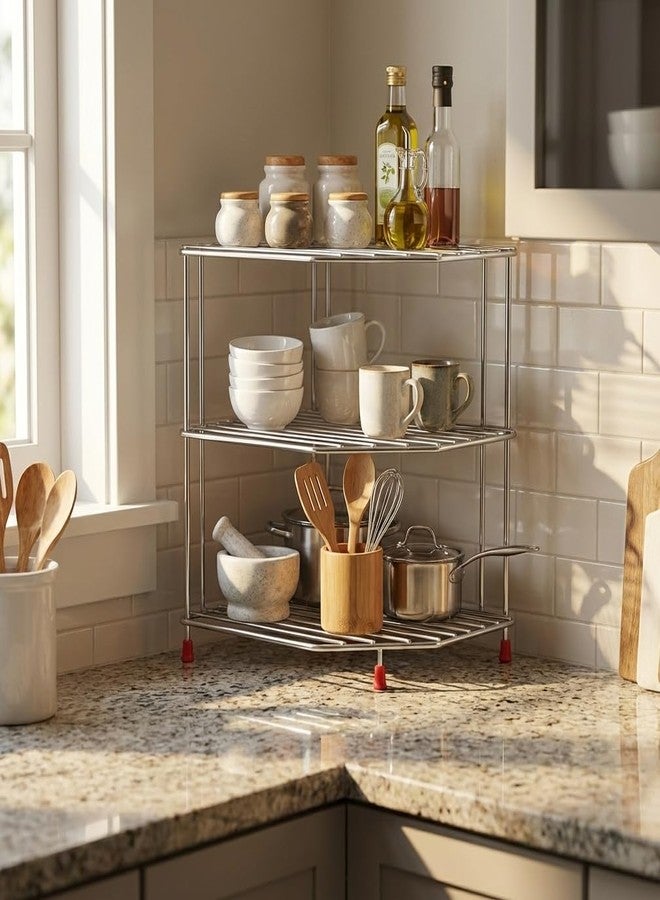 Homify 3-Tier Stainless Steel Kitchen Organizer Rack Corner Shelf Rack For Kitchen Storage | Plate & Bowl Holder | Kitchen Steel Rack Stand For Sink, Slab, And Cabinet,Free Standing - Image 1